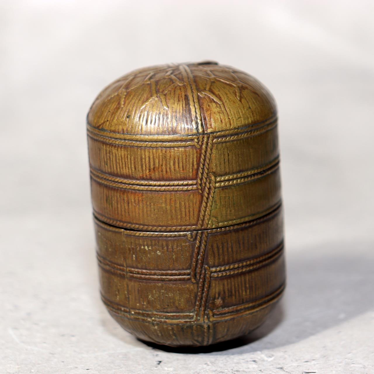 Japanese Antique Meiji Brass Box Kogo Tawara Rice Bale Ikoma Signed Metal1