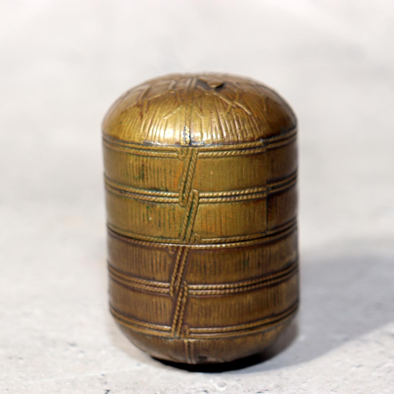 Japanese Antique Meiji Brass Box Kogo Tawara Rice Bale Ikoma Signed Metal2
