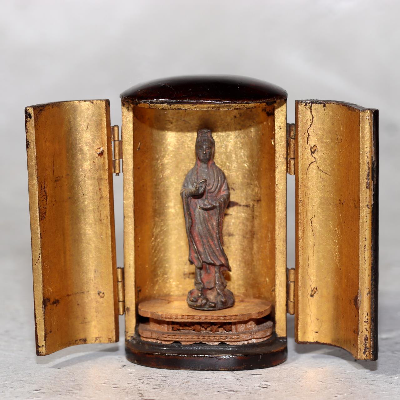 Japanese Antique Zushi Pocket Shrine Wooden Case Bronze Kannon Buddha Statue0