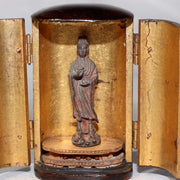Japanese Antique Zushi Pocket Shrine Wooden Case Bronze Kannon Buddha Statue1