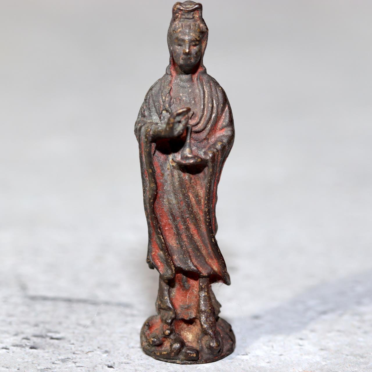 Japanese Antique Zushi Pocket Shrine Wooden Case Bronze Kannon Buddha Statue2