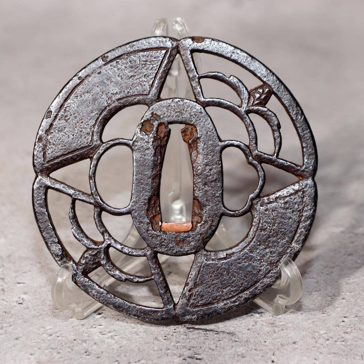 Japanese Antique Iron Tsuba Sword Guard Fan Openwork Sukashi Samurai Edo STO850