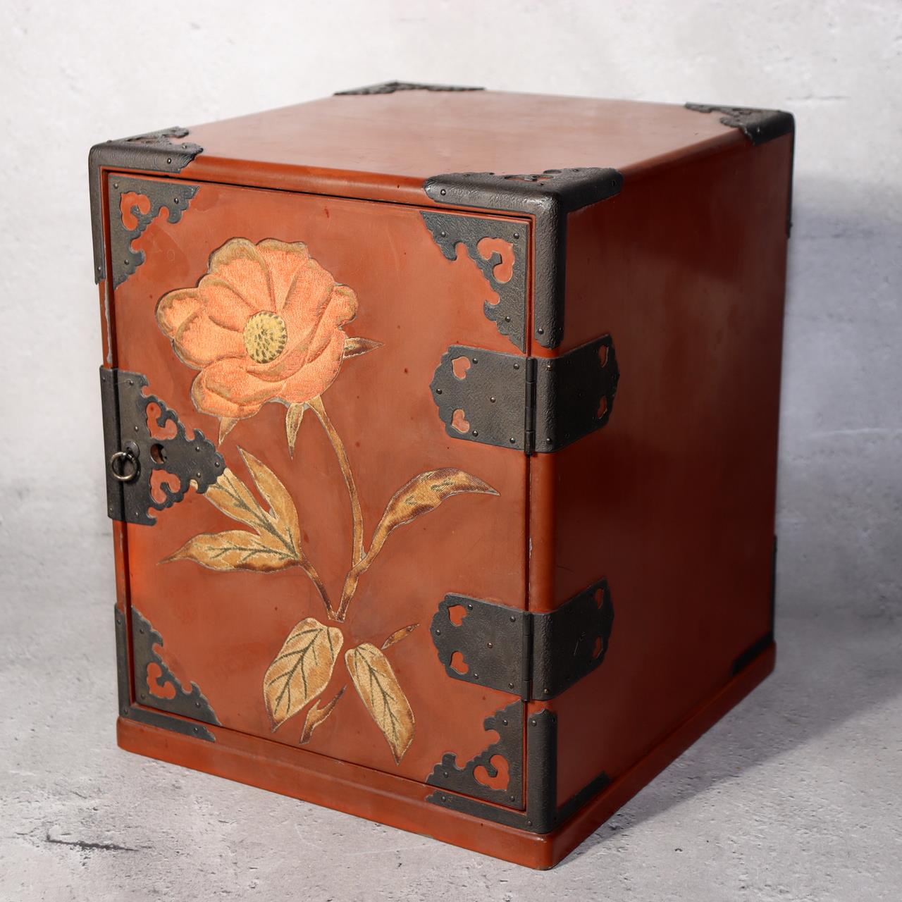 Japanese Vintage Red Lacquer Small Box Tansu Chest Camellia Flower WBX3380
