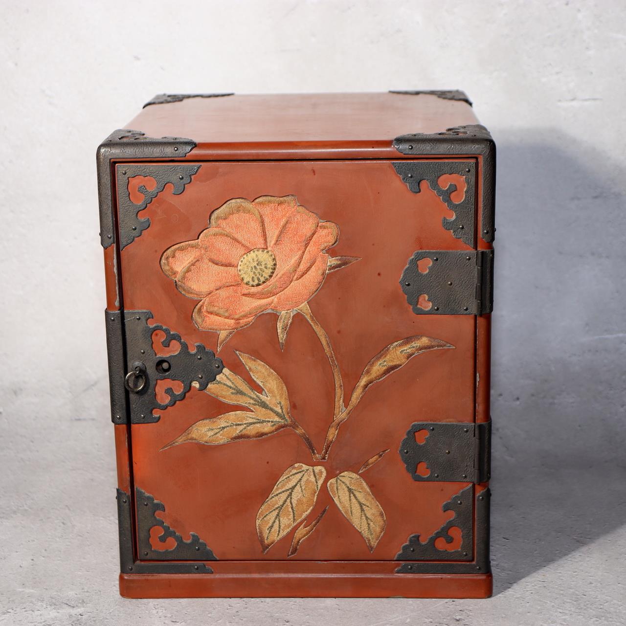 Japanese Vintage Red Lacquer Small Box Tansu Chest Camellia Flower WBX3381