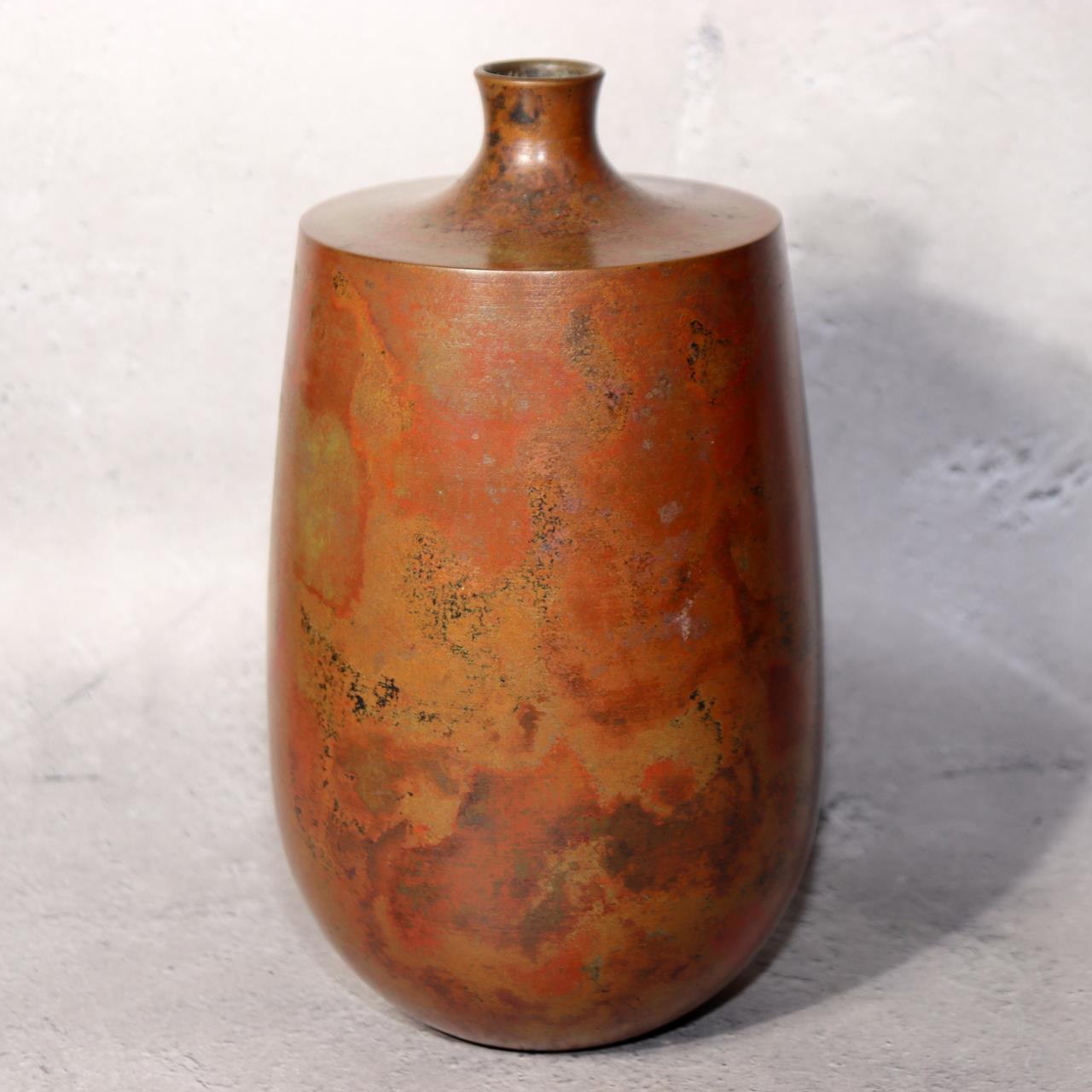 Japanese Bronze Vase Signed Flower Red Patina Vintage BV7031