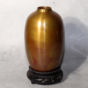 Japanese Bronze Flower Vase Signed Shin Gold Patina Wood Stand Ikebana BV7050