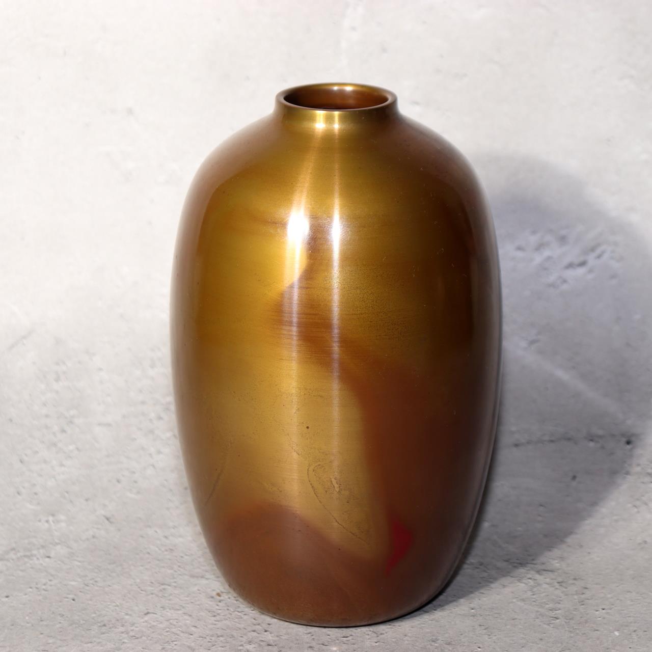 Japanese Bronze Flower Vase Signed Shin Gold Patina Wood Stand Ikebana BV7052