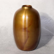 Japanese Bronze Flower Vase Signed Shin Gold Patina Wood Stand Ikebana BV7053