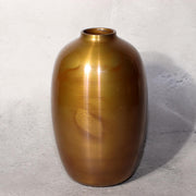 Japanese Bronze Flower Vase Signed Shin Gold Patina Wood Stand Ikebana BV7054