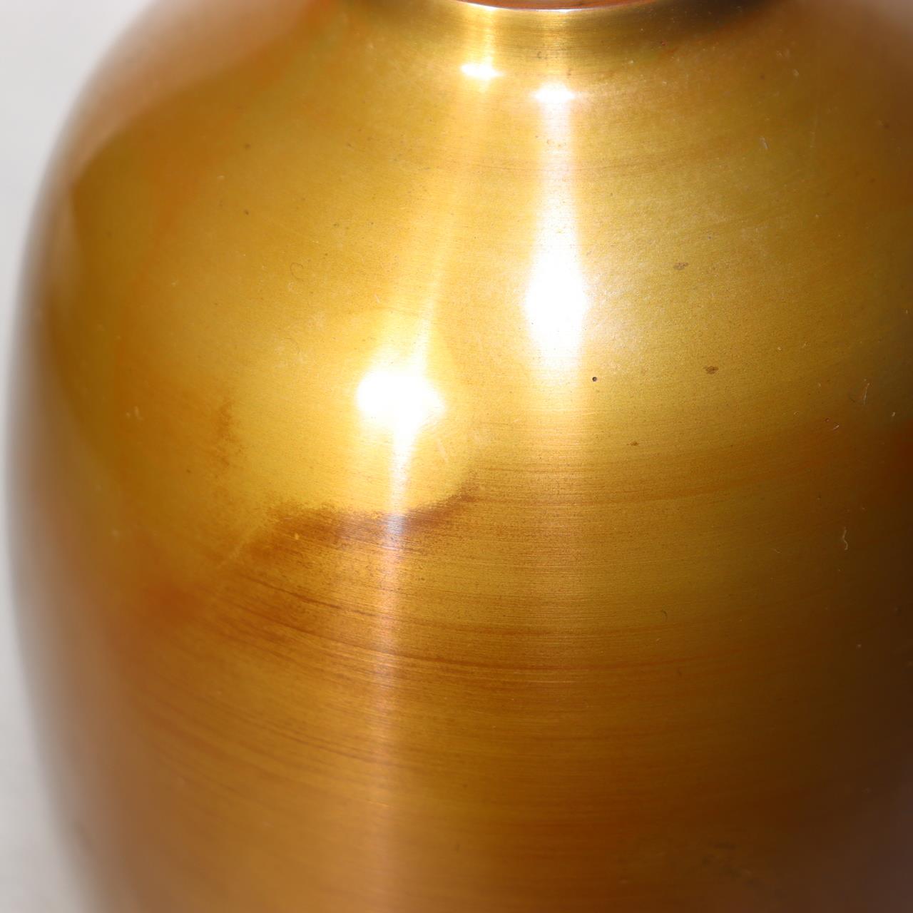 Japanese Bronze Flower Vase Signed Shin Gold Patina Wood Stand Ikebana BV70512