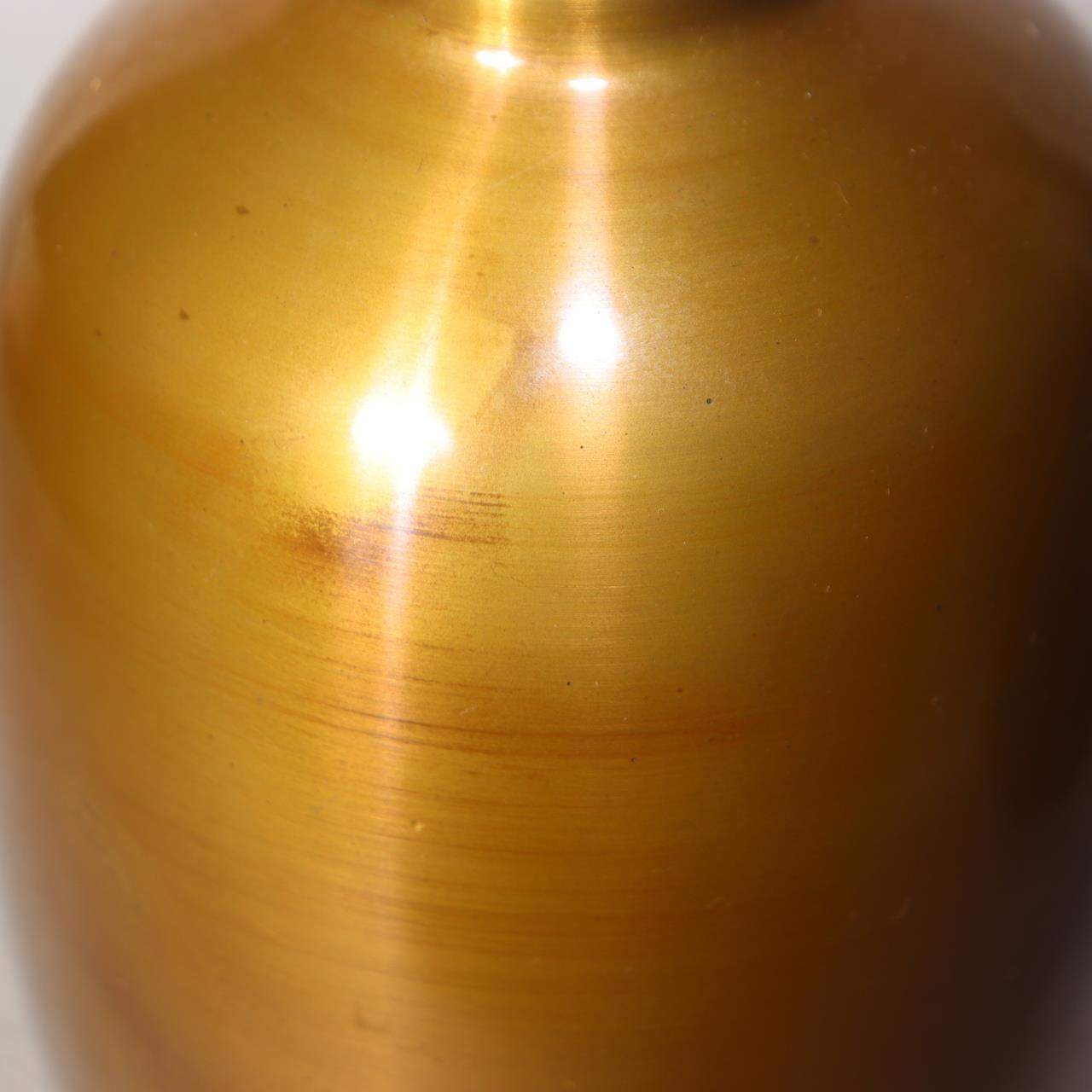 Japanese Bronze Flower Vase Signed Shin Gold Patina Wood Stand Ikebana BV70513