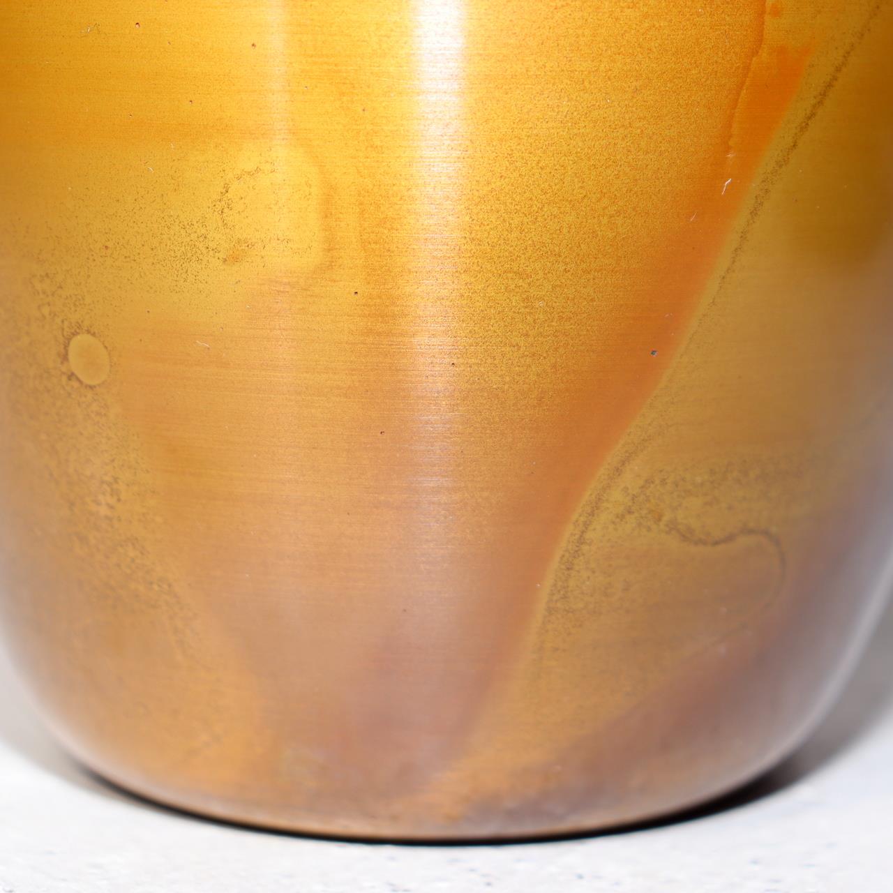 Japanese Bronze Flower Vase Signed Shin Gold Patina Wood Stand Ikebana BV70514