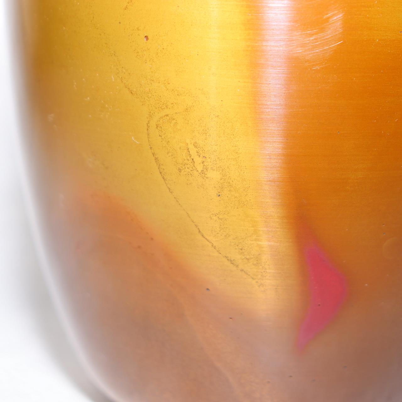 Japanese Bronze Flower Vase Signed Shin Gold Patina Wood Stand Ikebana BV70516