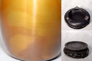 Japanese Bronze Flower Vase Signed Shin Gold Patina Wood Stand Ikebana BV7059