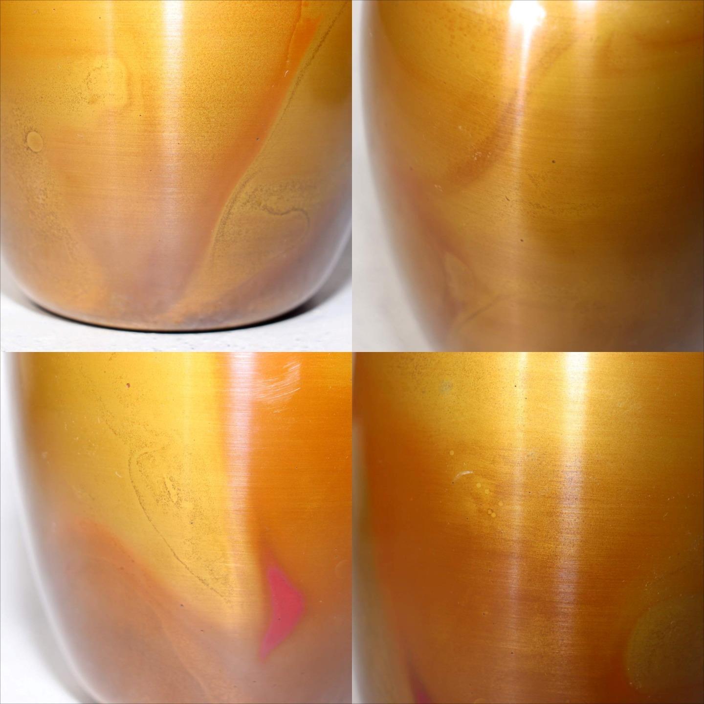 Japanese Bronze Flower Vase Signed Shin Gold Patina Wood Stand Ikebana BV7058