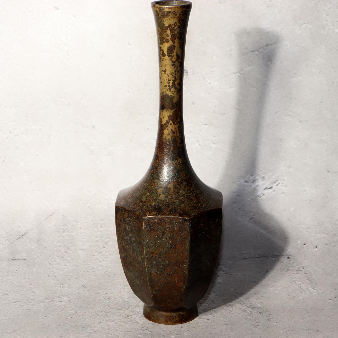 Japanese Vintage Bronze Vase Octagonal Ikebana Flower Rustic Patina BV7061