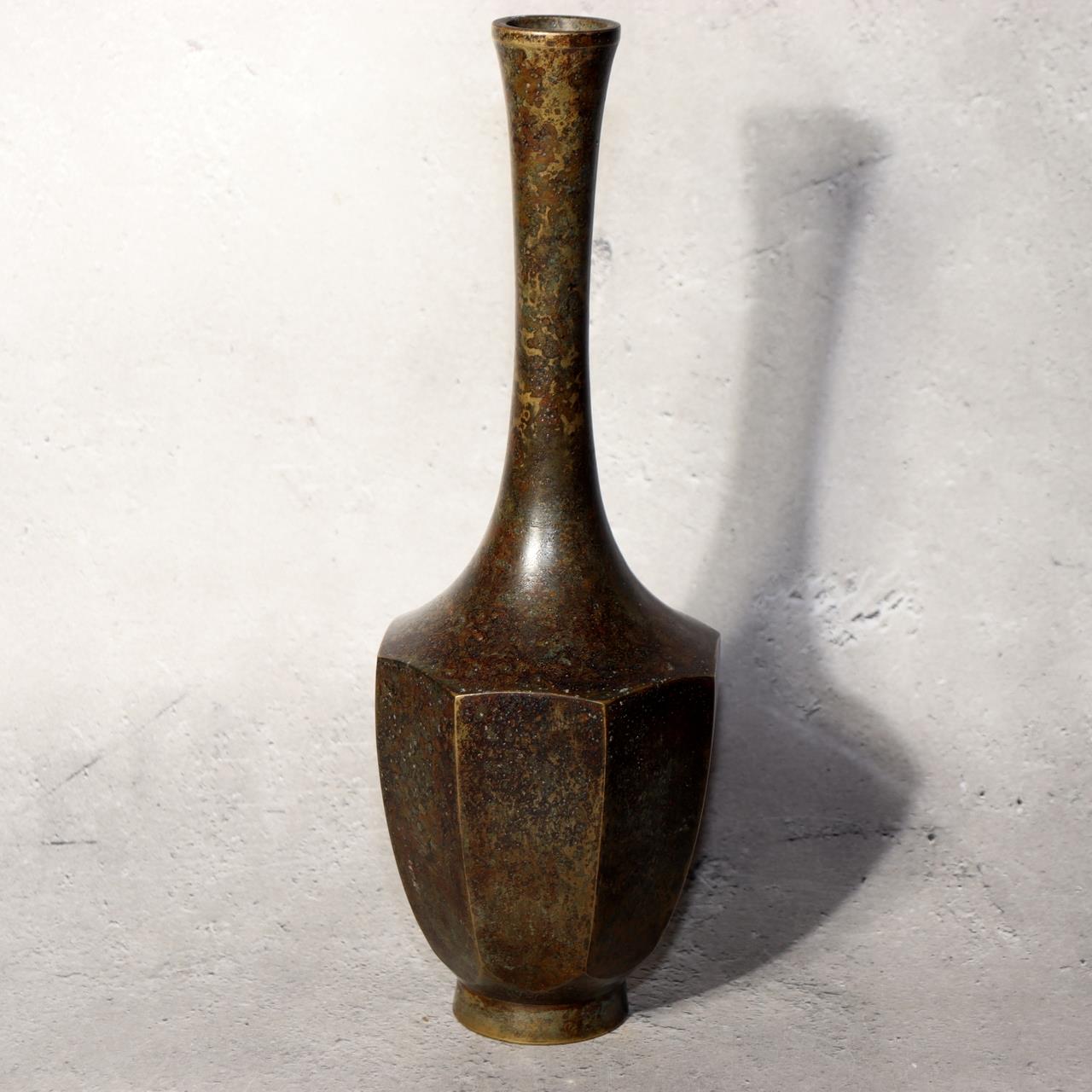 Japanese Vintage Bronze Vase Octagonal Ikebana Flower Rustic Patina BV7062
