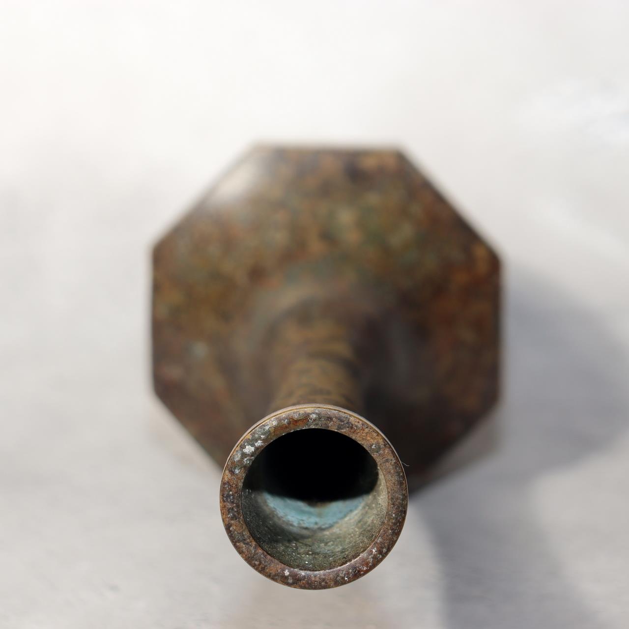Japanese Vintage Bronze Vase Octagonal Ikebana Flower Rustic Patina BV7063