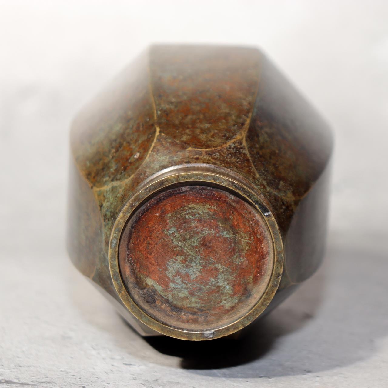 Japanese Vintage Bronze Vase Octagonal Ikebana Flower Rustic Patina BV7064