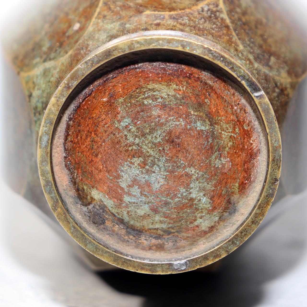 Japanese Vintage Bronze Vase Octagonal Ikebana Flower Rustic Patina BV7065