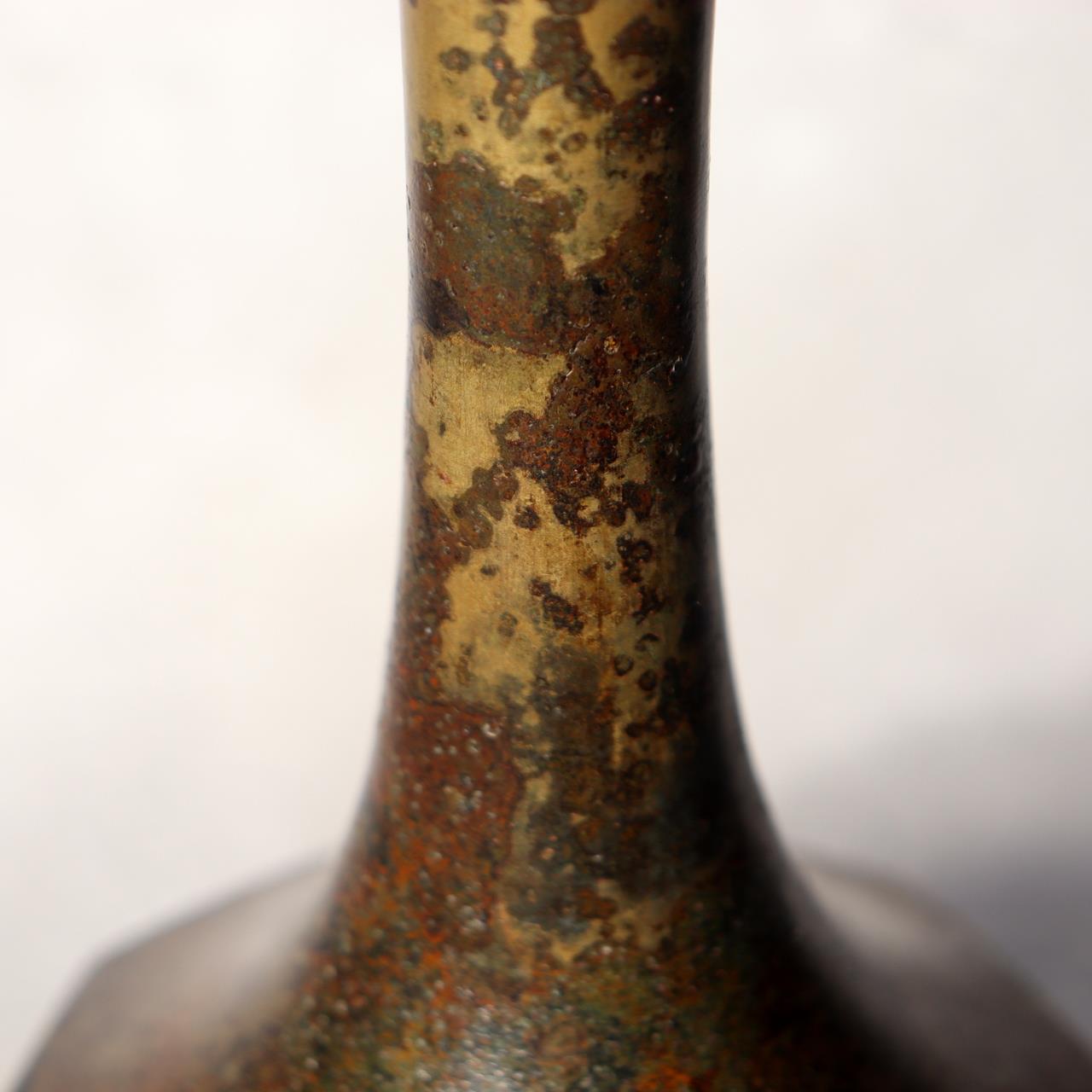 Japanese Vintage Bronze Vase Octagonal Ikebana Flower Rustic Patina BV70610