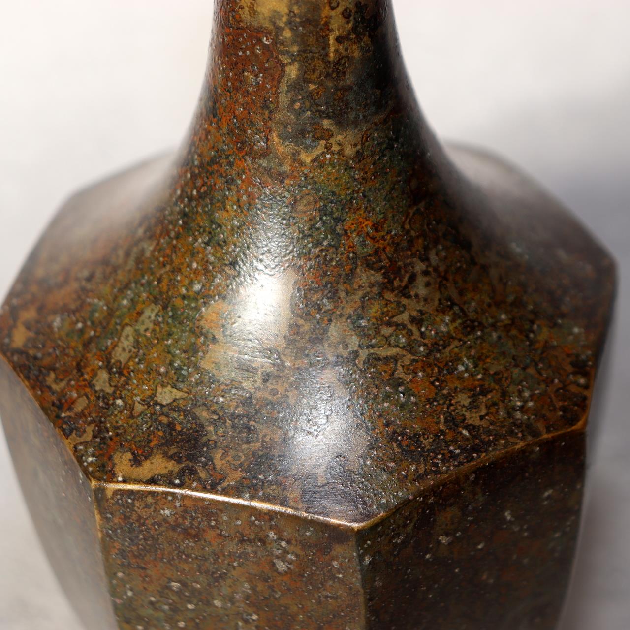 Japanese Vintage Bronze Vase Octagonal Ikebana Flower Rustic Patina BV70611