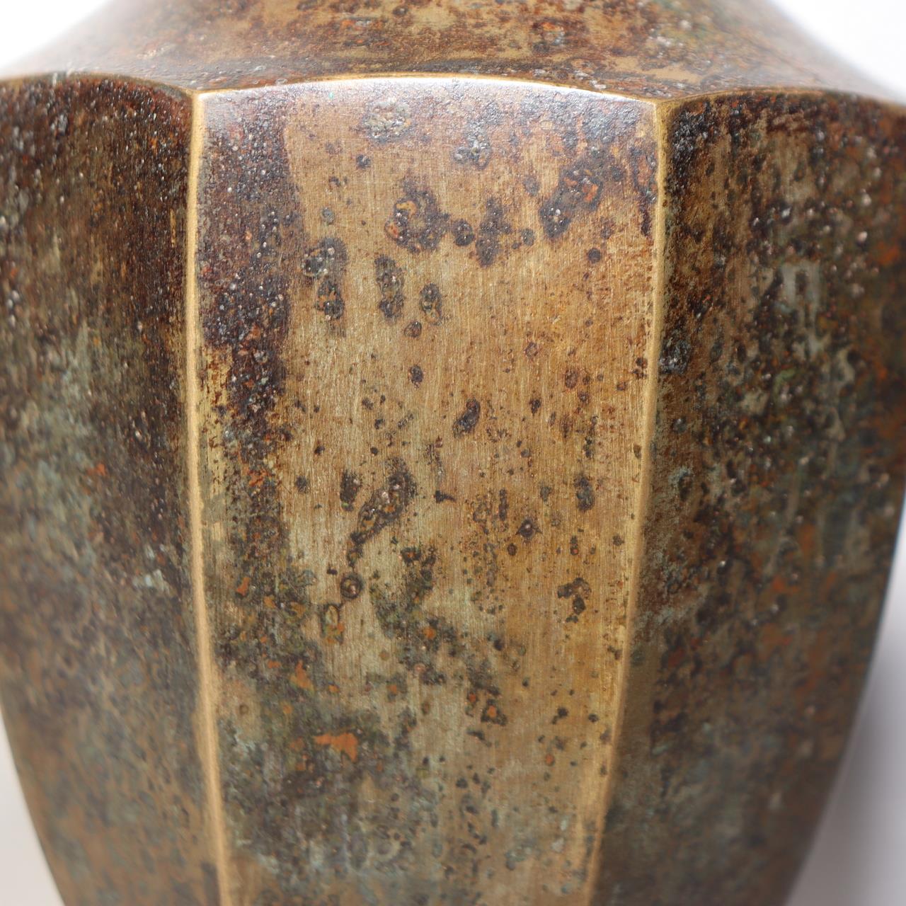 Japanese Vintage Bronze Vase Octagonal Ikebana Flower Rustic Patina BV70613