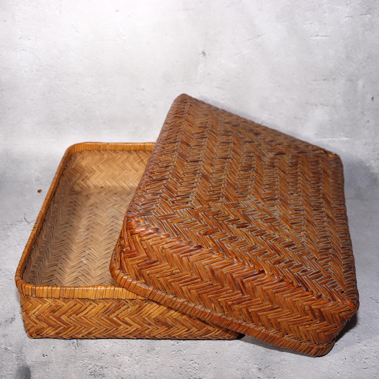 Japanese Vintage Bamboo Basket Box Lidded Storage Organizer Woven Rustic BVO690