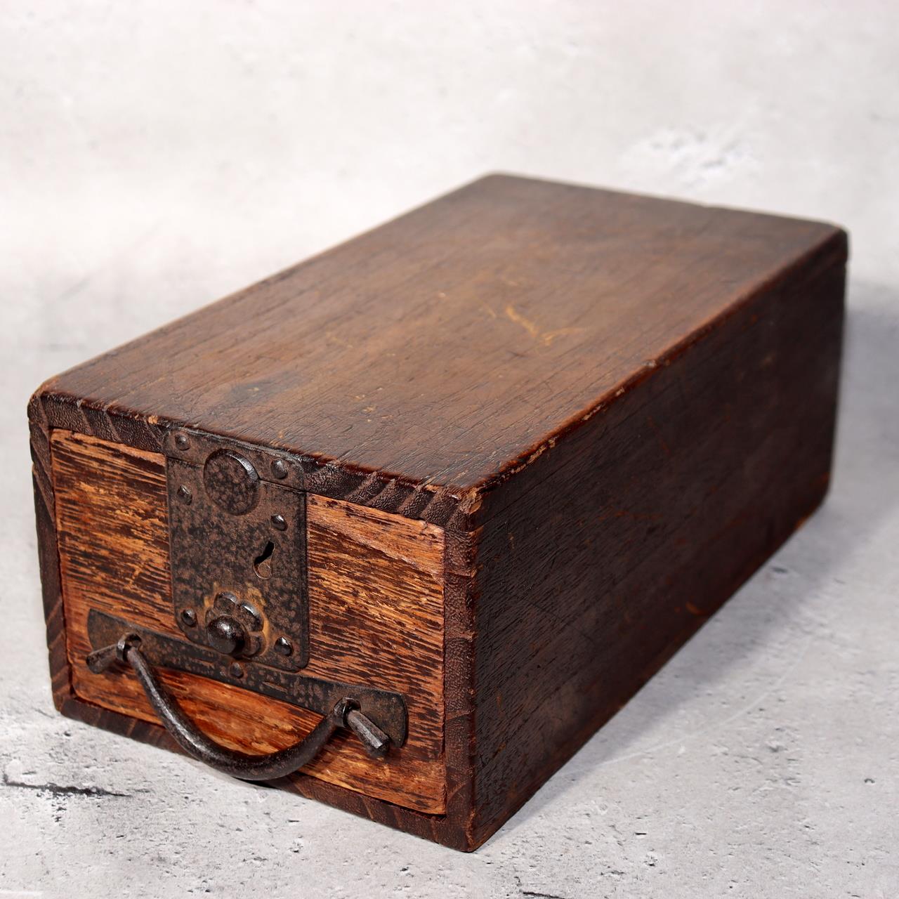 Japanese Antique Wooden Box Drawer Iron Hardware Storage Meiji Era WBX3390
