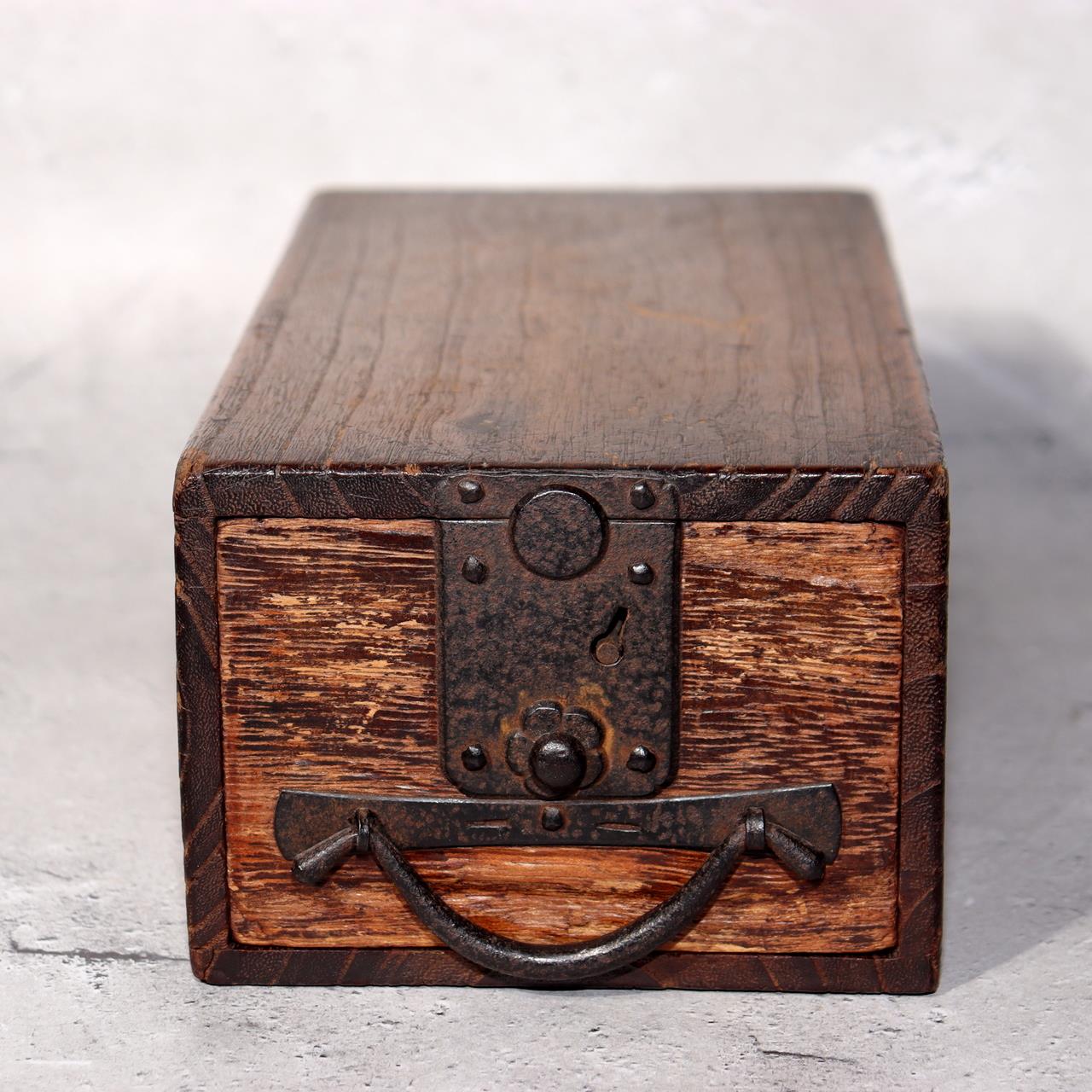 Japanese Antique Wooden Box Drawer Iron Hardware Storage Meiji Era WBX3391