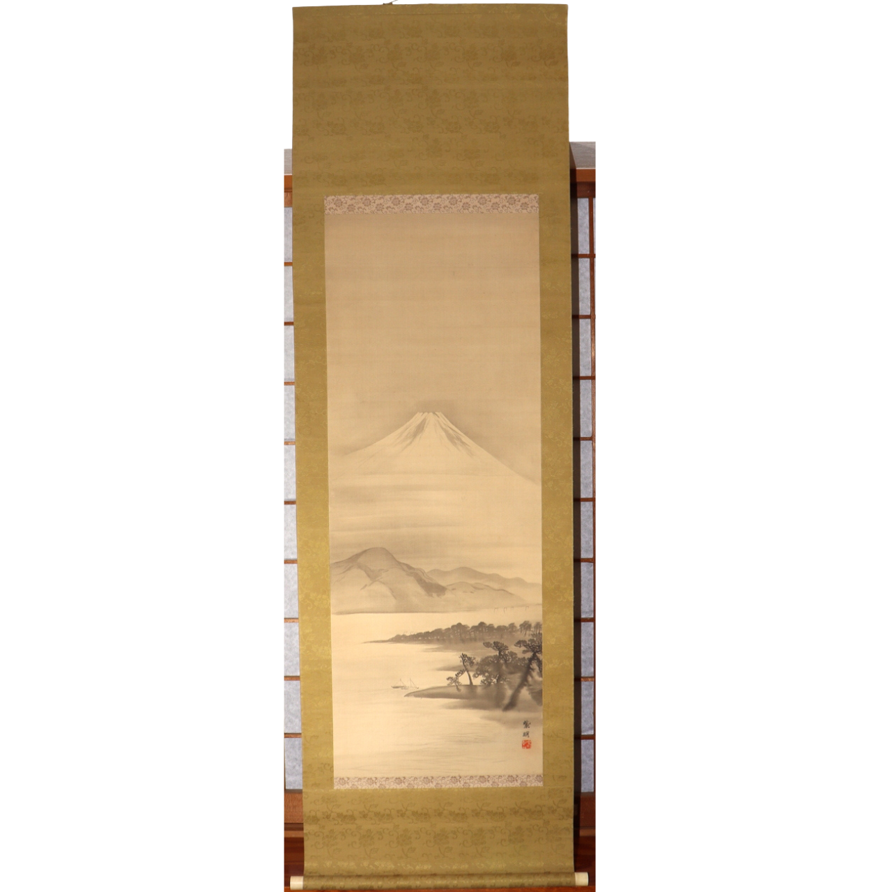 Japanese Antique Hanging Scroll Kakejiku Mt Fuji Landscape Silk Art Taisho 19221