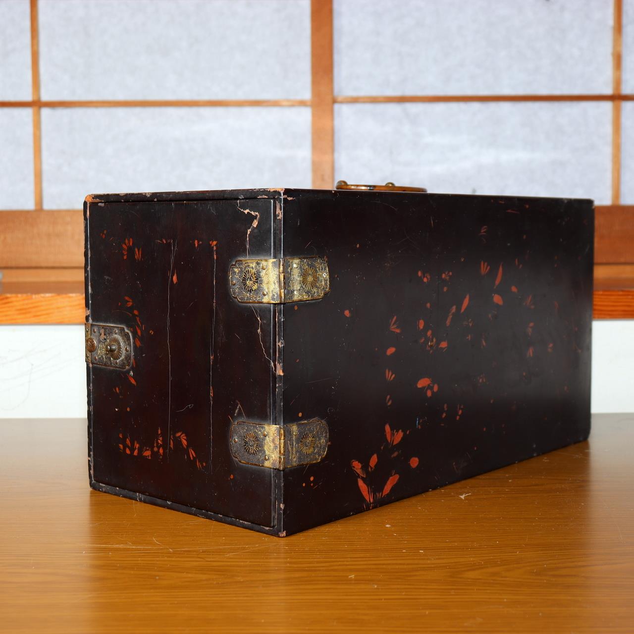 Japanese Antique Lacquer Box Drawers Autumn Plants Edo Meiji Era Maki-e Storage0