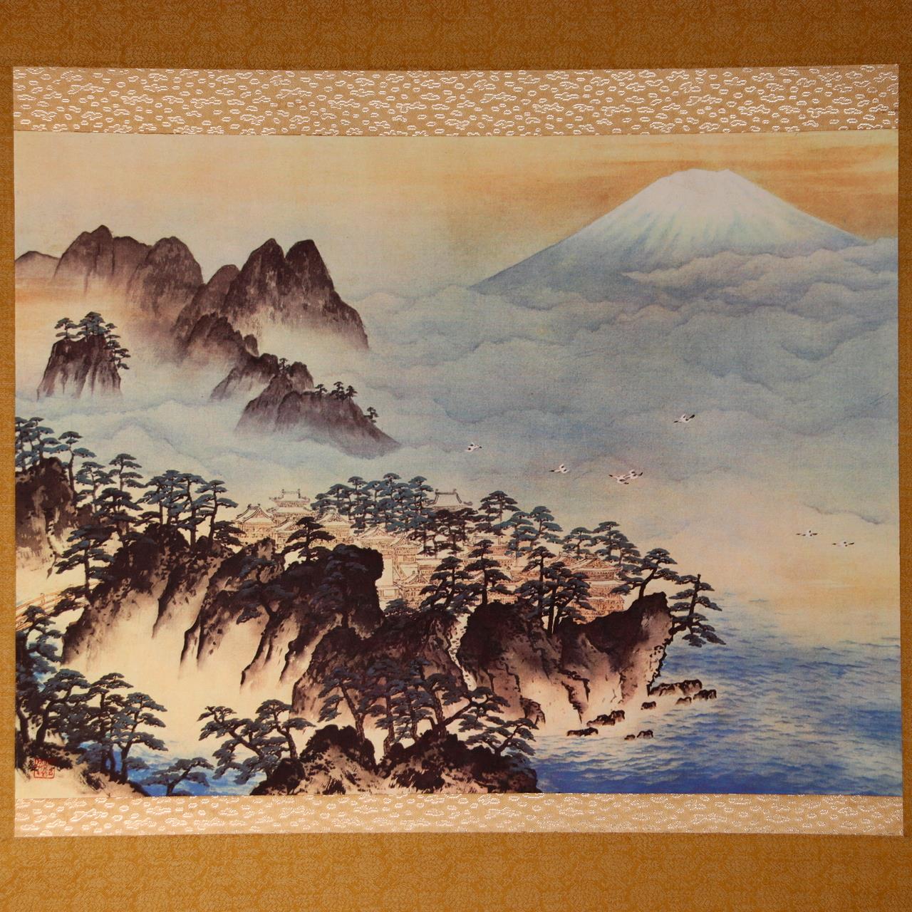 Vintage Japanese Kakejiku Hanging Scroll Yokoyama Taikan Mt Fuji Silk Print0