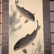 Japanese Kakejiku Scroll Carp Koi Fish Hand Painted Utsumi Kichido w / Box0