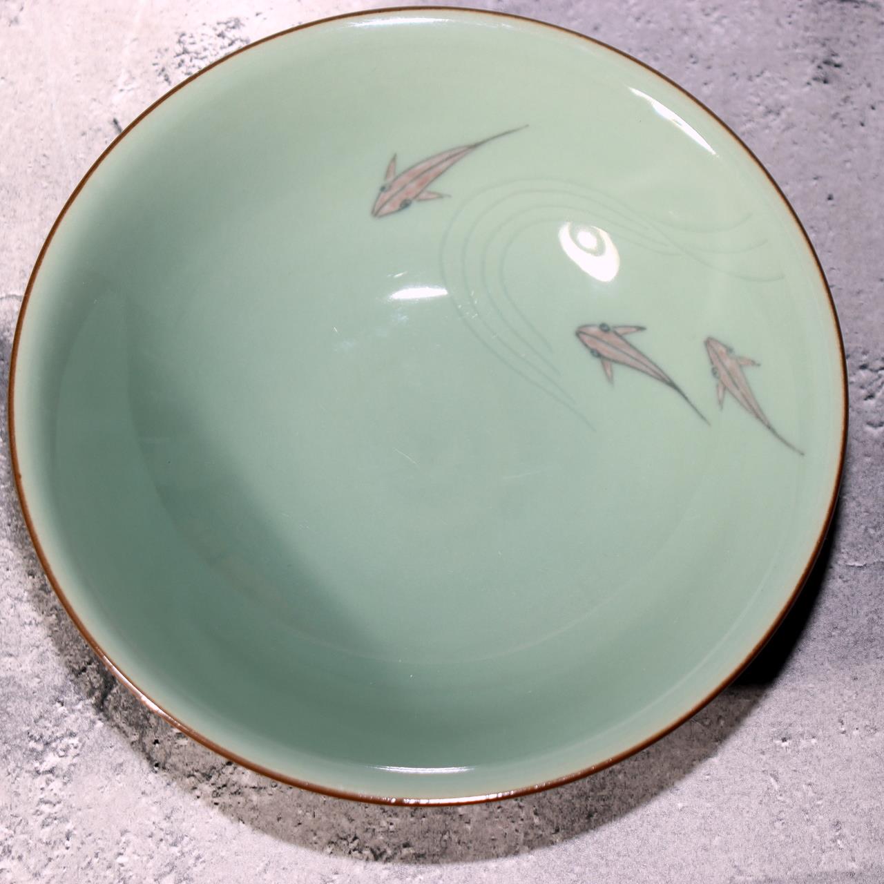 Japanese Celadon Tea Bowl Hira Chawan Fish Design Tezuka Gyokudo Kyoto Box12