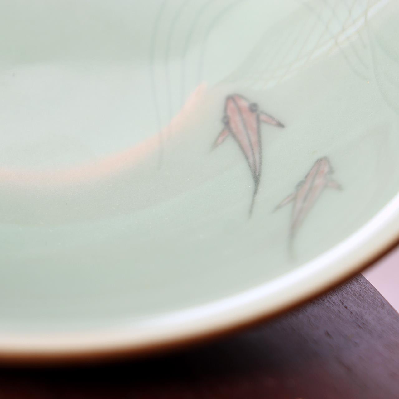 Japanese Celadon Tea Bowl Hira Chawan Fish Design Tezuka Gyokudo Kyoto Box4