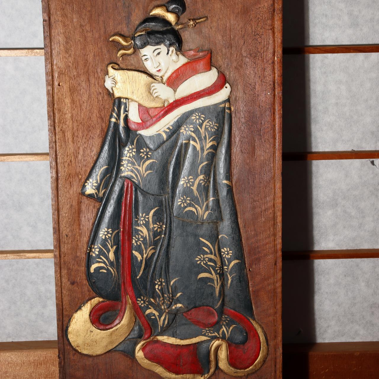 Antique Japanese Wood Sign Kanban Ryotei Restaurant Geisha Oiran Carved Art1