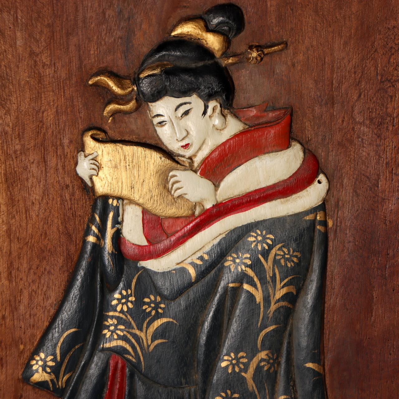 Antique Japanese Wood Sign Kanban Ryotei Restaurant Geisha Oiran Carved Art9