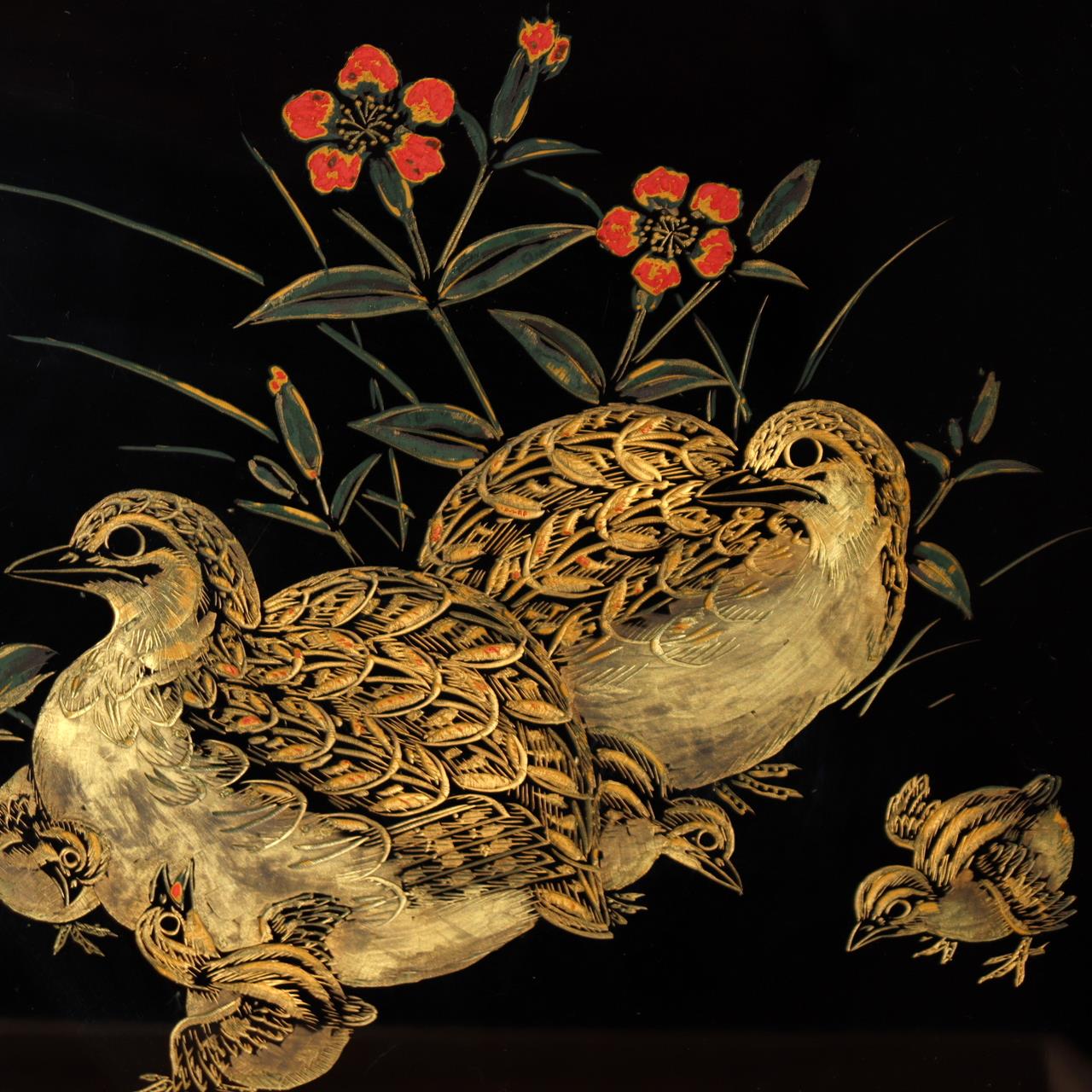 Japanese Lacquerware Tray Chinkin Carved Gold Quail Bird Family Signed Box WO5051