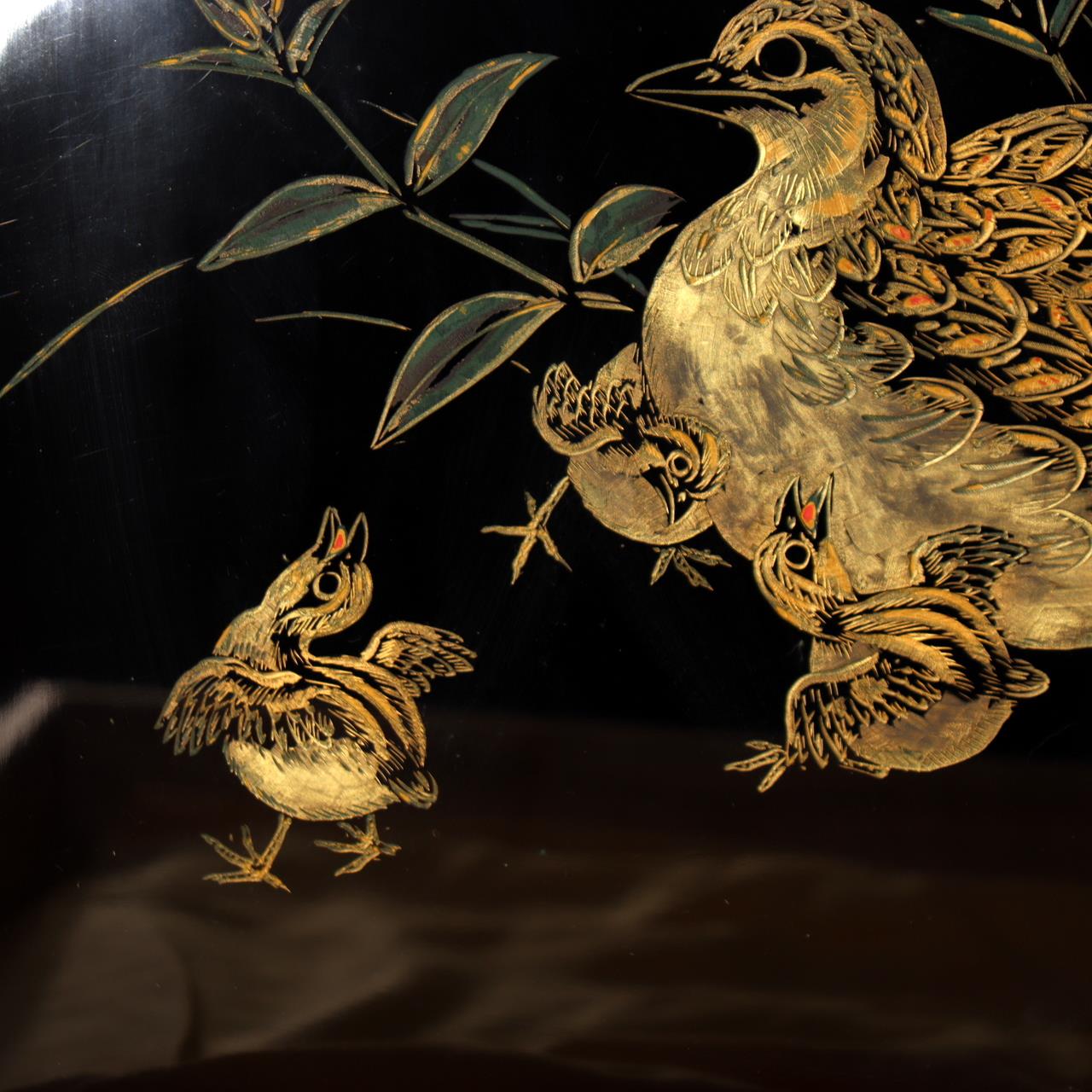 Japanese Lacquerware Tray Chinkin Carved Gold Quail Bird Family Signed Box WO50513
