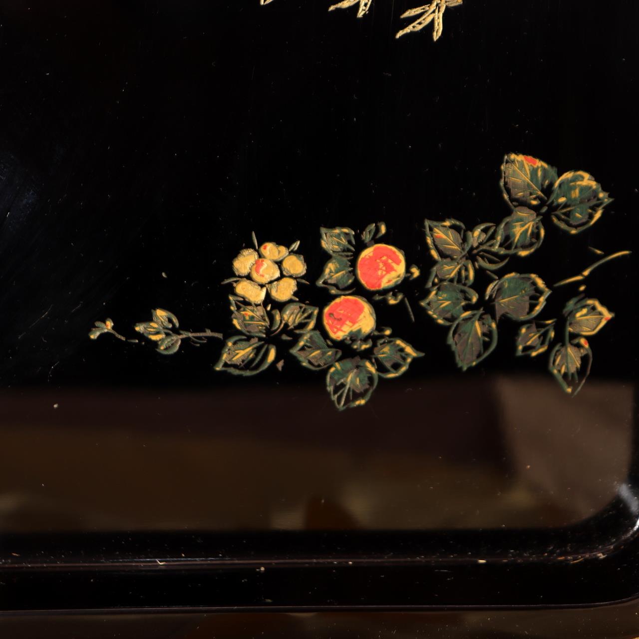 Japanese Lacquerware Tray Chinkin Carved Gold Quail Bird Family Signed Box WO50512