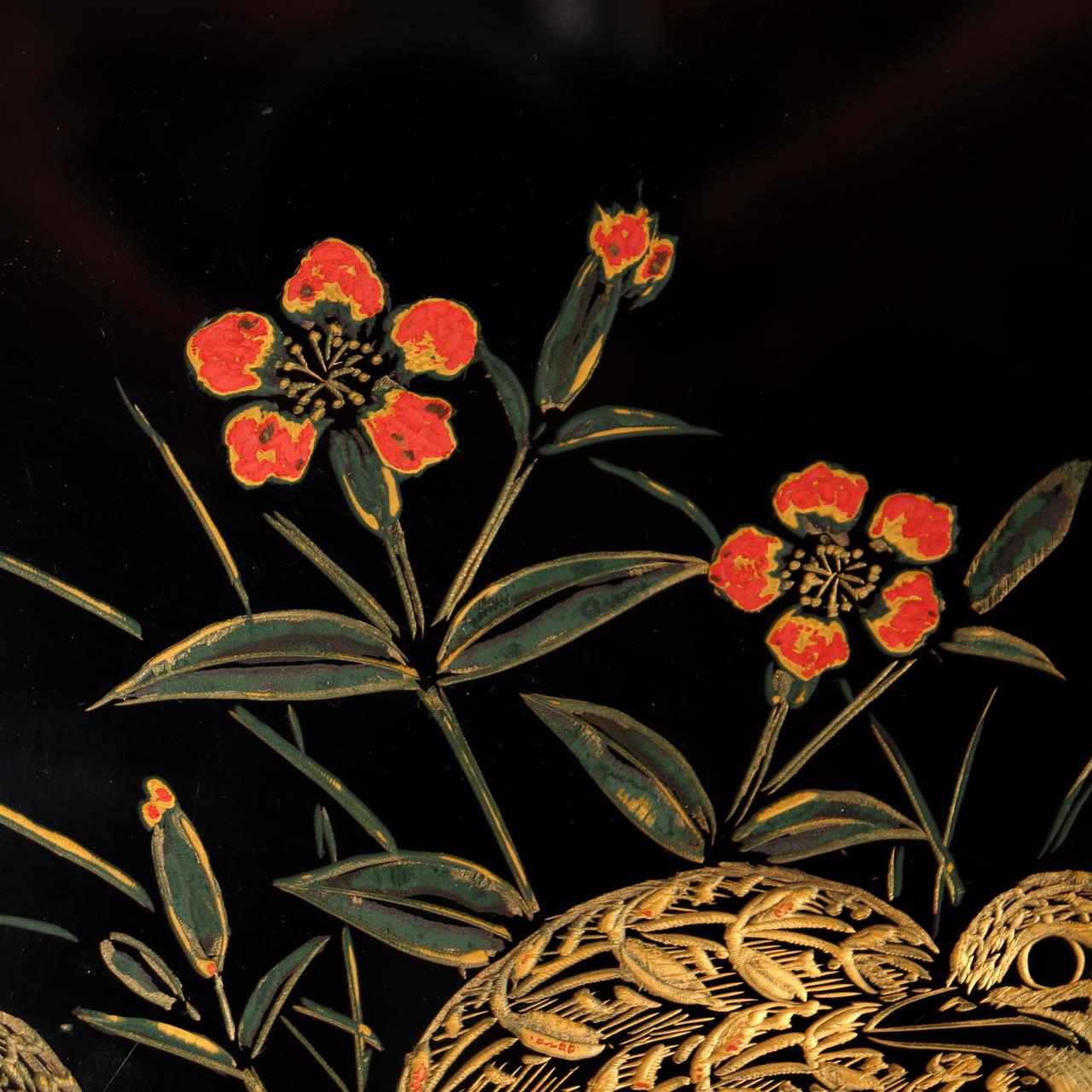 Japanese Lacquerware Tray Chinkin Carved Gold Quail Bird Family Signed Box WO50511