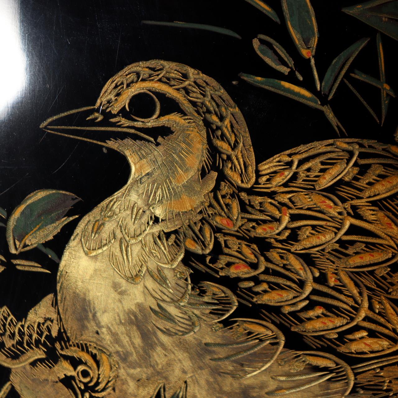 Japanese Lacquerware Tray Chinkin Carved Gold Quail Bird Family Signed Box WO5056