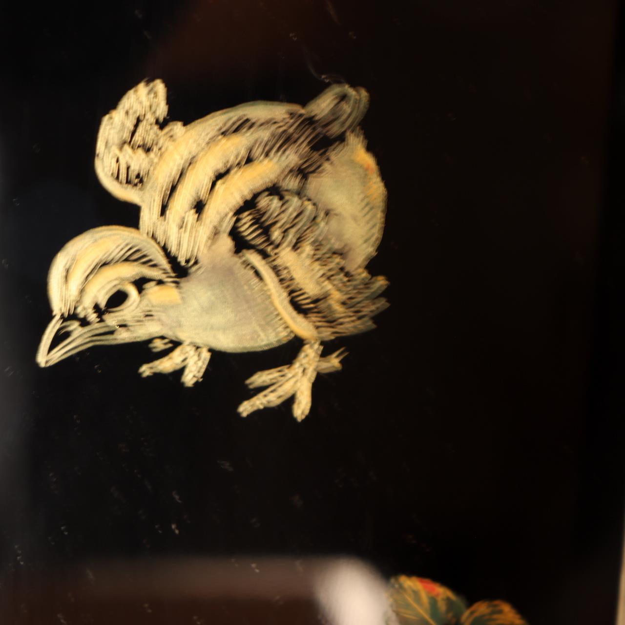 Japanese Lacquerware Tray Chinkin Carved Gold Quail Bird Family Signed Box WO5057