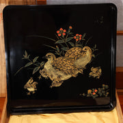 Japanese Lacquerware Tray Chinkin Carved Gold Quail Bird Family Signed Box WO5052