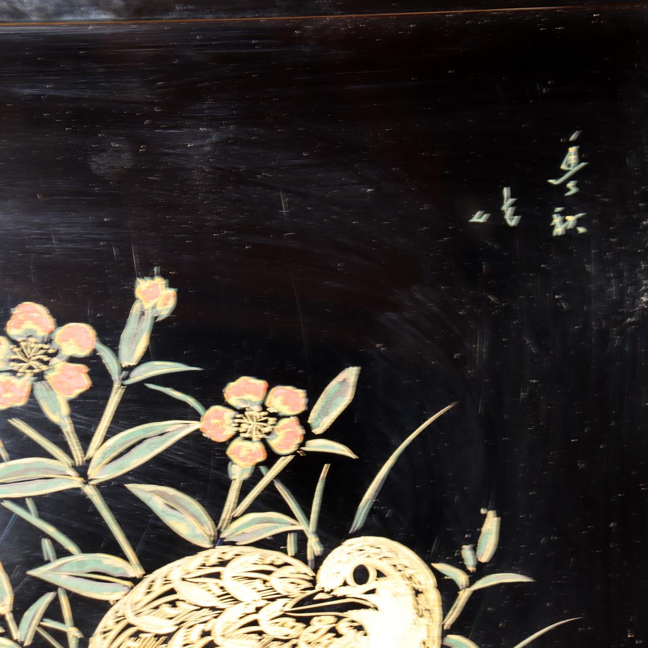 Japanese Lacquerware Tray Chinkin Carved Gold Quail Bird Family Signed Box WO50510