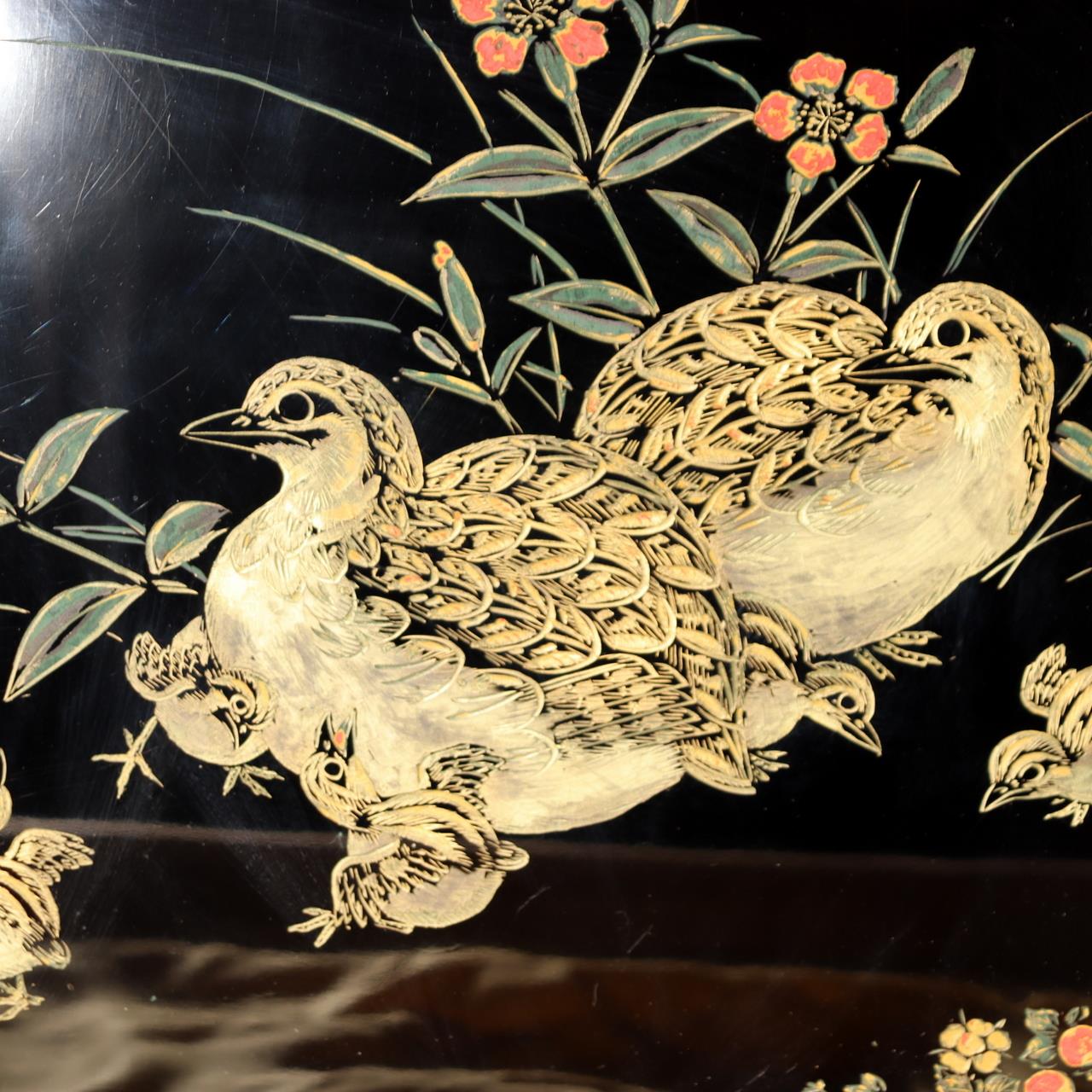 Japanese Lacquerware Tray Chinkin Carved Gold Quail Bird Family Signed Box WO5054
