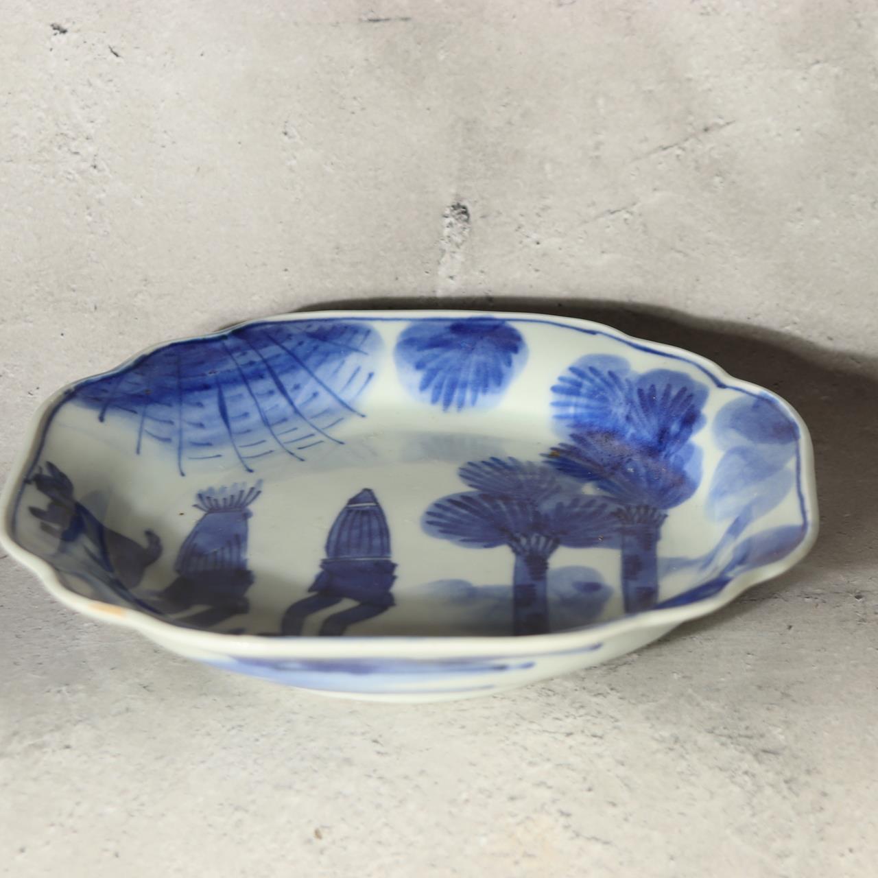 Antique Shida Imari Plate Blue White Kasedori Festival Rabbit Moon Folk Art Rare3