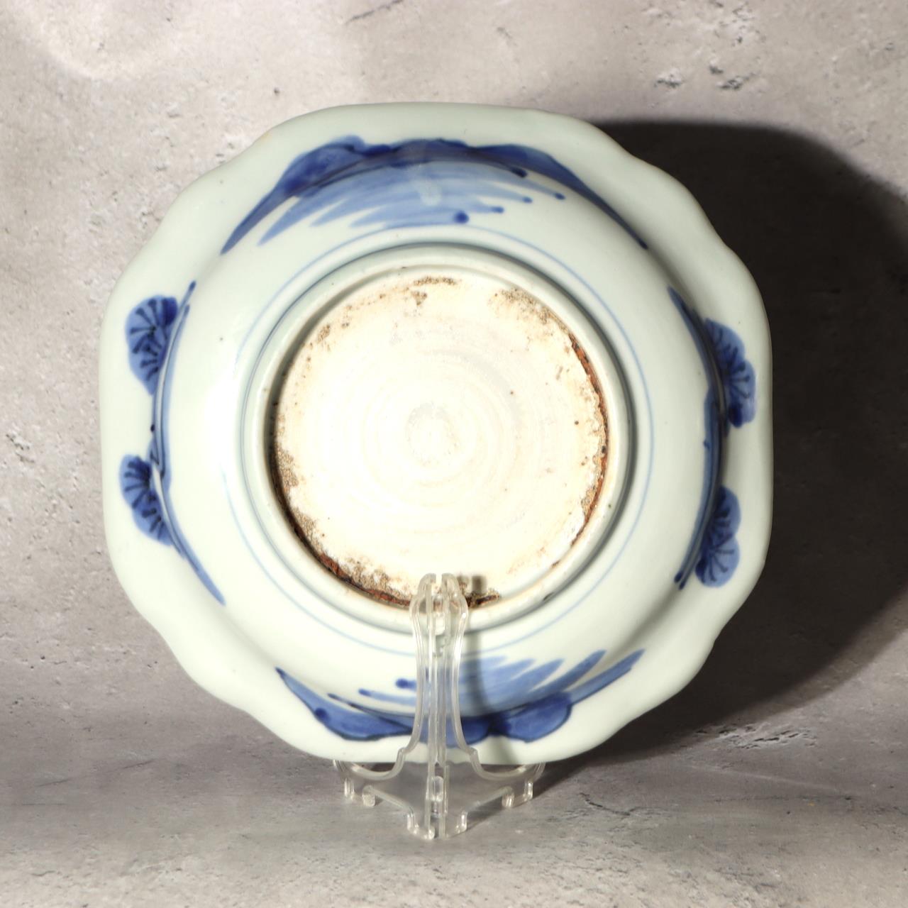 Antique Shida Imari Plate Blue White Kasedori Festival Rabbit Moon Folk Art Rare17