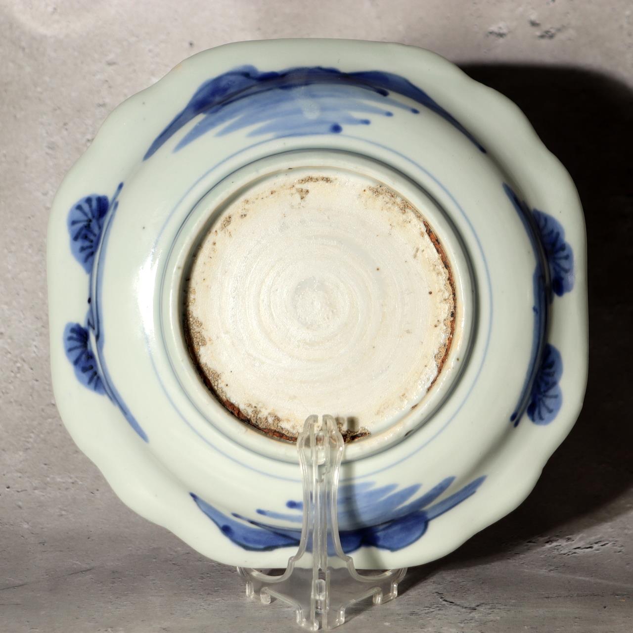 Antique Shida Imari Plate Blue White Kasedori Festival Rabbit Moon Folk Art Rare1